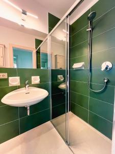 y baño con lavabo y ducha. en Rosa Alpina - Appartamento nelle Dolomiti en Dobbiaco