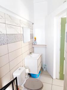 a white bathroom with a toilet and a sink at La belle Martinique in Sainte-Luce