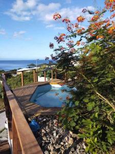una pequeña piscina en una terraza junto al océano en Magnifique vue mer sur baie de Malendure en Bouillante