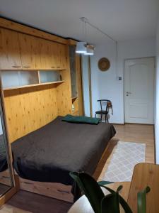 1 dormitorio con 1 cama con pared de madera en Квартира на Заньковецкой, en Uzhhorod