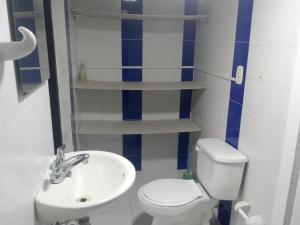 比亞維森西奧的住宿－HOSPEDAJE VILLA CAMPESTRE "ALONDRA" Parqueo Privado GRATIS!，一间带卫生间和水槽的小浴室