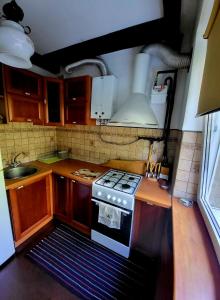 a small kitchen with a stove and a sink at Новая квартира in Uzhhorod