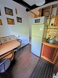 a kitchen with a refrigerator and a table and a sink at Новая квартира in Uzhhorod