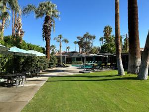a park with palm trees and tables and chairs at Vista Grande Resort - A Gay Men's Resort in Palm Springs