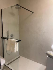 a glass shower door in a bathroom with a towel at VILLA TIEGO in Medulin