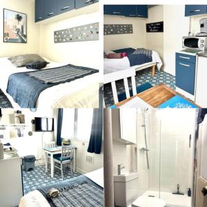 un collage di foto di una camera d'albergo di Petit studio plage Le galet bleu a Le Havre