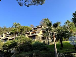 a building with palm trees in front of it at Super Cannes appartement 40m2, piscines tennis in Vallauris
