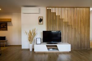 a living room with a television on a white table at Maisonette Apartment with Terrace in Koliba