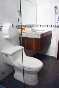 a bathroom with a toilet and a sink at Hotel Del Centro in Guayaquil