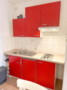 eine rote Küche mit einer Spüle und roten Schränken in der Unterkunft Waldoase II inkl Sauna-und Schwimmbadnutzung in Bad Harzburg