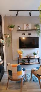 uma sala de estar com uma televisão e uma cadeira em MINI LOFT MODERNO Y ACOGEDOR em Salento