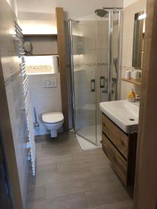 ein Bad mit einer Dusche, einem WC und einem Waschbecken in der Unterkunft Dammerer Hof in Ruhpolding