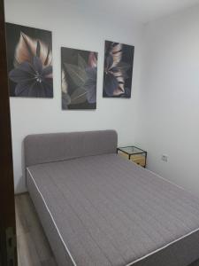 een slaapkamer met een bed met vier schilderijen aan de muur bij Akvarel apartman in Jagodina