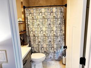 a bathroom with a toilet and a shower curtain at Fireside Cottage in Jacksonville +21 photos