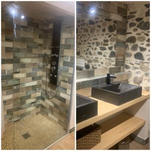 two pictures of a bathroom with a sink and a shower at Les Jardins de Lumière in Brusque