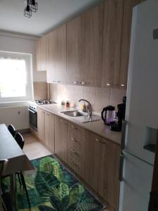 a kitchen with wooden cabinets and a sink at Noua Apartment in Braşov