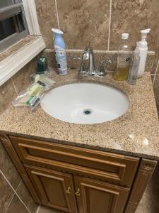 a bathroom counter with a sink with bottles on it at Large 1 Bedroom Apartment in the heart of the Bronx in Unionport