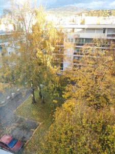 una vista sul tetto di un parcheggio alberato e di un edificio di City Break - Room Chambre Geneva ad Annemasse