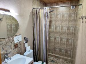 a bathroom with a shower and a sink at Evergreen Guesthouse in Karakol