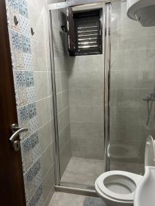 a bathroom with a shower and a toilet at Midpoint in Kotor +24 photos