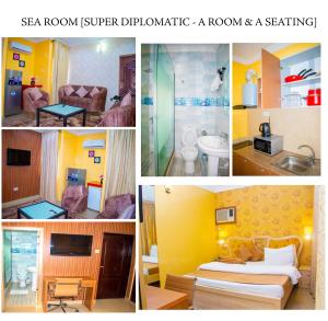 een collage van vier foto's van een hotelkamer bij ERiTH APARTMENT & SUITES in Ikeja