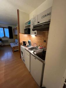 uma cozinha com um lavatório e um fogão forno superior em Charmant studio à Font-Romeu avec place de parking em Font Romeu Odeillo Via
