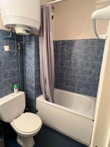 uma pequena casa de banho com WC e banheira em Charmant studio à Font-Romeu avec place de parking em Font Romeu Odeillo Via