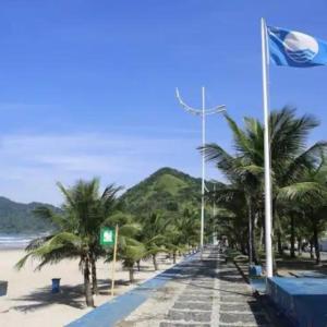 a pathway with palm trees and a flag on a beach at 03 Doutor Hostel 800mts da praia in Guarujá