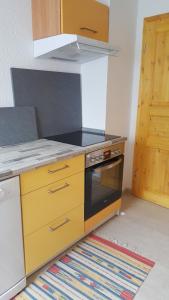 a kitchen with a stove and a counter top at Ferienhaus am Geiseltalsee in Braunsbedra