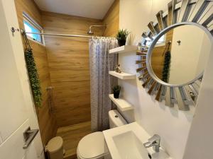 a bathroom with a shower and a sink and a mirror at Departamento moderno en equipetrol in Santa Cruz de la Sierra