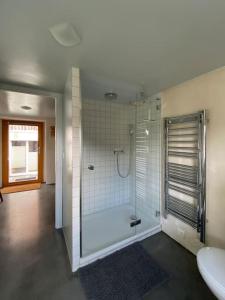 a large bathroom with a shower and a sink at Maison Alphonse de Mélie, avec cachet. in Conthey