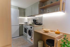 una cocina con lavadora y secadora en una encimera en Green and grey loft 2, en Alexandroupoli