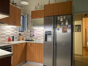 a kitchen with a stainless steel refrigerator and wooden cabinets at Filoxenia Panormou in Athens