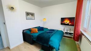 1 dormitorio con cama azul y chimenea en Le Perchoir - WIFI - Gare - Proche tous commerces, en Sarrebourg