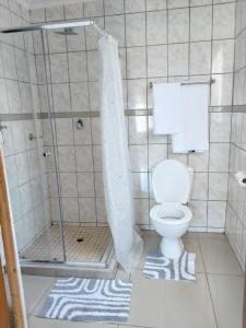 a bathroom with a shower with a toilet and a rug at Precious Estates Pearls in Zeerust