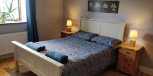 a bedroom with a bed with blue pillows on it at Cosy two bedroom lodge on the edge of Raheen Woods in Tuamgraney