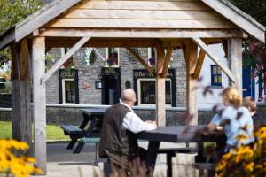 een groep mensen die aan een picknicktafel zitten bij Cosy two bedroom lodge on the edge of Raheen Woods in Tuamgraney