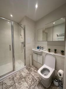 a bathroom with a shower and a toilet and a sink at Uxbridge Apartment in Uxbridge