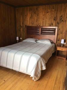 - une chambre avec un grand lit et un mur en bois dans l'établissement CASA CARDONAL CURANIPE, à Curanipe