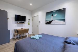 a bedroom with a bed and a tv on the wall at Studio hyper centre in Strasbourg