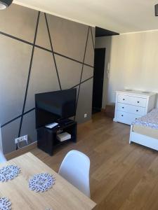 a living room with a television and a table and chairs at Apartament Centrum Malbork in Malbork
