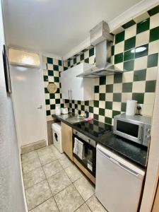 a kitchen with green and white checkered walls at Ground floor Studio Flat In London in London