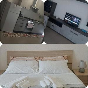 two pictures of a bedroom with a bed and a tv at House Arrow in Latina