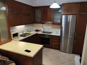 a kitchen with wooden cabinets and a stainless steel refrigerator at Trikki House in Tríkala
