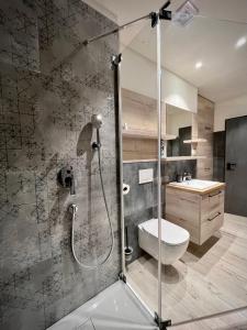 een badkamer met een douche, een toilet en een wastafel bij Ludvíkova bouda in Janske Lazne