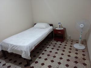 a small bedroom with a bed and a fan at Martin Barroso in Yacuiba
