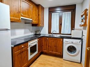 a kitchen with wooden cabinets and a washer and dryer at Apart. Casa Juaneta Pirineo-Ordesa in Broto