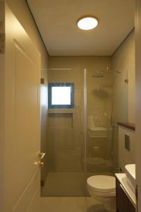 een badkamer met een douche, een toilet en een wastafel bij MORI HOUSE in Bet Sheʼan