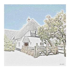 a drawing of a white house with a fence at Delightful 3bed thatched Cottage in Stockbridge