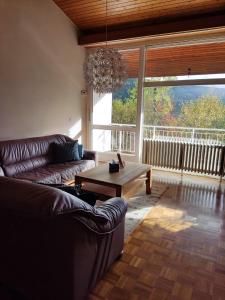a living room with a couch and a coffee table at Waldhaus Max in Bad Wildbad